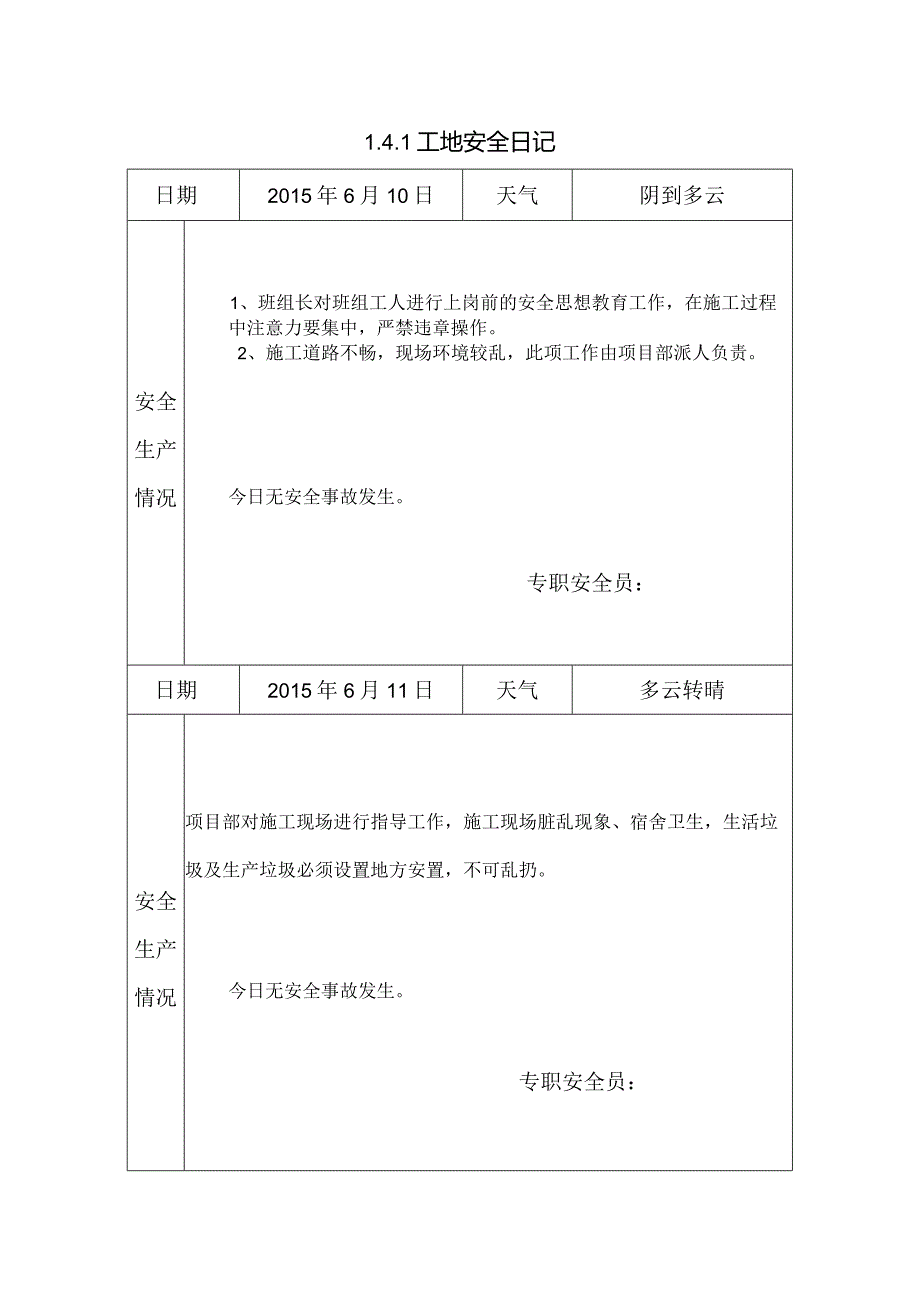 [施工资料]工地安全日记(21).docx_第1页