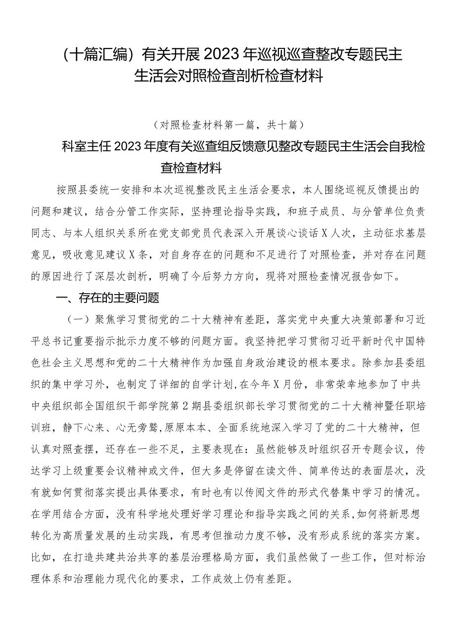 (十篇汇编)有关开展2023年巡视巡查整改专题民主生活会对照检查剖析检查材料.docx_第1页