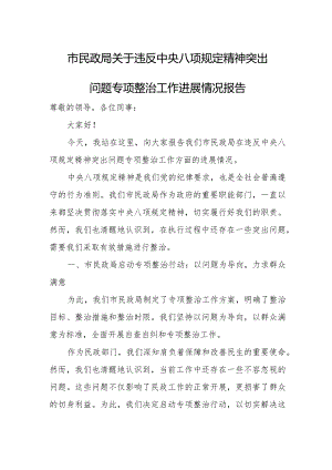 市民政局关于违反中央八项规定精神突出问题专项整治工作进展情况报告.docx