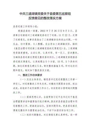 中共三道湖镇党委关于县委第五巡察组反馈意见的整改落实方案.docx