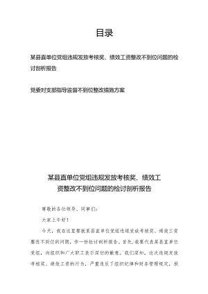 某县直单位党组违规发放考核奖、绩效工资整改不到位问题的检讨剖析报告+党委对支部指导监督不到位整改措施方案.docx