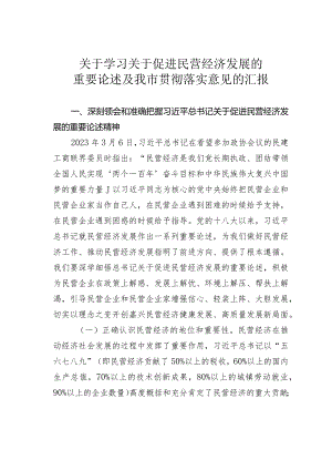 关于学习关于促进民营经济发展的重要论述及我市贯彻落实意见的汇报.docx