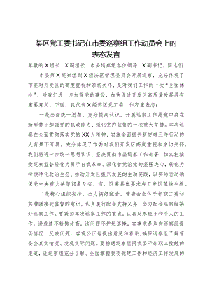 某区党工委书记在市委巡察组工作动员会上的表态发言.docx