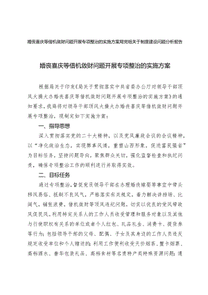 2篇2024年婚丧喜庆等借机敛财问题开展专项整治的实施方案（附局党组关于制度建设问题分析报告）.docx