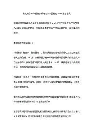 血友病合并抑制物诊断与治疗中国指南2023推荐意见.docx