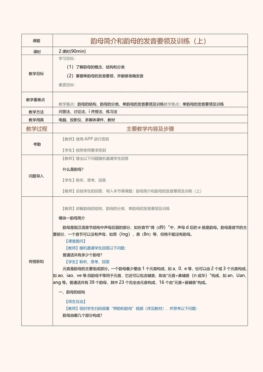 《普通话口语教程(上册)》教案第6课韵母简介和韵母的发音要领及训练(上).docx_第1页