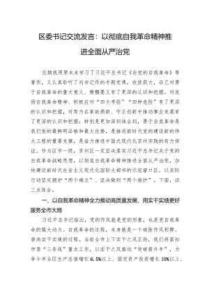 2024年区委书记交流发言：以彻底自我革命精神推进全面从严治党.docx