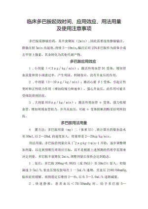 临床多巴胺起效时间、应用效应、用法用量及使用注意事项.docx