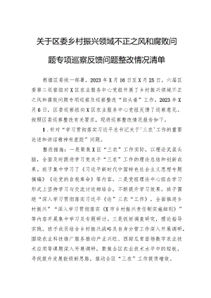 关于区委乡村振兴领域不正之风和腐败问题专项巡察反馈问题整改情况清单.docx
