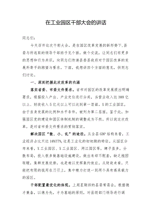 在工业园区干部大会上的讲话.docx