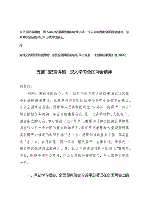 （3篇）2024年支部书记深入学习全国两会精神宣讲稿凝聚力量以坚定的决心和步伐中国新征程党组交流研讨发言提纲.docx