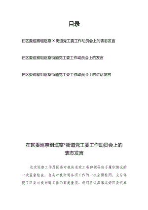 在区委巡察组巡察街道党工委工作动员会上的表态讲话发言3篇.docx