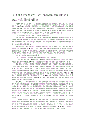 关某市委巡察组安全生产工作专项巡察反馈问题整改工作完成情况的报告.docx