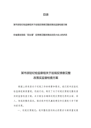 某市派驻纪检监察组关于巡视反馈意见整改落实监督检查方案+在省委巡视组“回头看”反馈意见整改落实动员大会上的讲话.docx