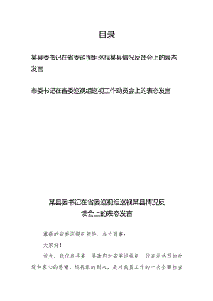某县委书记在省委巡视组巡视某县情况反馈会上的表态发言+市委书记在省委巡视组巡视工作动员会上的表态发言.docx
