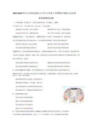 2023-2024学年江苏省盐城市大丰区九年级下册期中道德与法治质量检测模拟试题（附答案）.docx