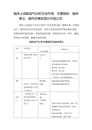 临床上动脉血气分析方法作用、主要指标、临床意义、操作步骤及预计代偿公式.docx