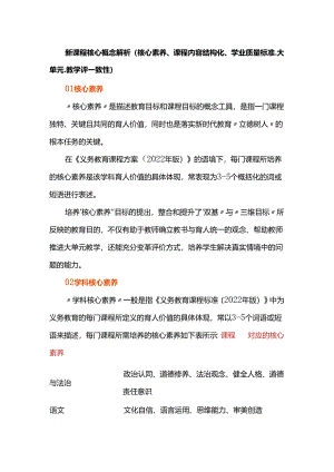 新课程核心概念解析(核心素养、课程内容结构化、学业质量标准、大单元、教学评一致性).docx