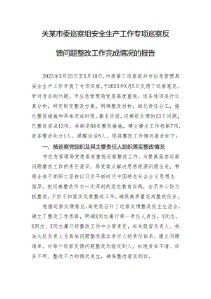 关某市委巡察组安全生产工作专项巡察反馈问题整改工作完成情况的报告.docx