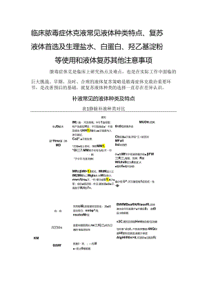 临床脓毒症休克液常见液体种类特点、复苏液体首选及生理盐水、白蛋白、羟乙基淀粉等使用和液体复苏其他注意事项.docx