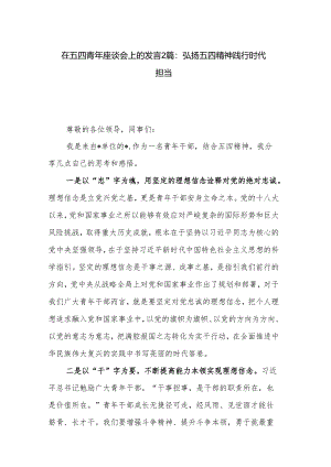 在五四青年座谈会上的发言2篇：弘扬五四精神 践行时代担当.docx