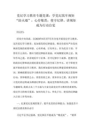 党纪学习教育专题党课：学党纪筑牢规矩“防火墙”心存敬畏使守纪律、讲规矩成为行动自觉.docx