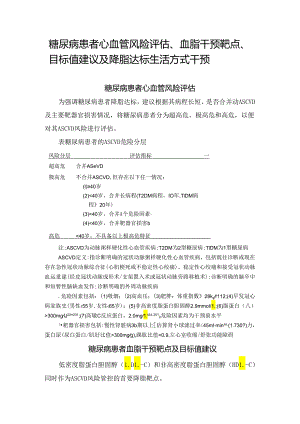 糖尿病患者心血管风险评估、血脂干预靶点、目标值建议及降脂达标生活方式干预.docx