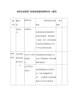 政府及监管部门监督检查通用清单标准（通用）（缺依据）模板.docx