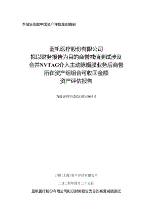蓝帆医疗：蓝帆医疗股份有限公司拟以财务报告为目的商誉减值测试涉及合并NVTAG介入主动脉瓣膜业务后商誉所在资产组组合可收回金额资产评估报告.docx