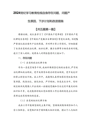 （5篇）2024党纪学习教育检视自身存在问题、问题产生原因下步计划和改进措施.docx