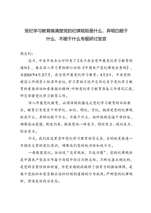 2024年6月党纪学习教育搞清楚党的纪律规矩是什么弄明白能干什么、不能干什么专题研讨发言3篇.docx