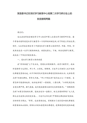 某县委书记在党纪学习教育中心组第二次学习研讨会上的发言提纲两篇.docx