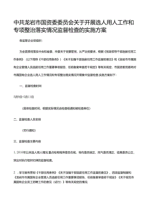 中共龙岩市国资委委员会关于开展选人用人工作和专项整治落实情况监督检查的实施方案.docx