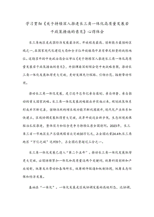 学习贯彻《关于持续深入推进长三角一体化高质量发展若干政策措施的意见》心得体会.docx