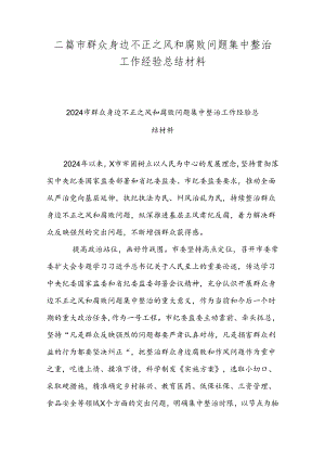 二篇市群众身边不正之风和腐败问题集中整治工作经验总结材料.docx
