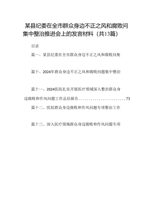 某县纪委在全市群众身边不正之风和腐败问集中整治推进会上的发言材料(13篇合集）.docx