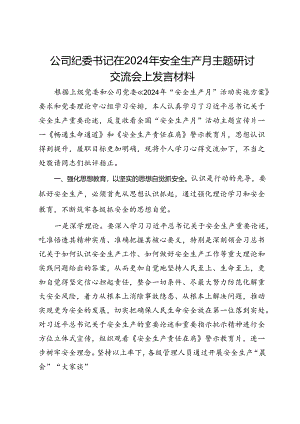 公司纪委书记在2024年安全生产月主题研讨交流会上发言材料.docx