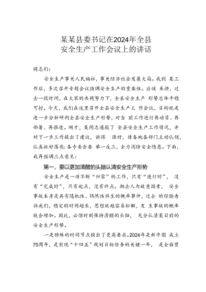 某某县委书记在2024年全县安全生产工作会议上的讲话.docx
