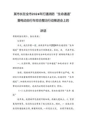 某市长在全市2024年打通消防“生命通道”暨电动自行车综合整治行动推进会上的讲话.docx