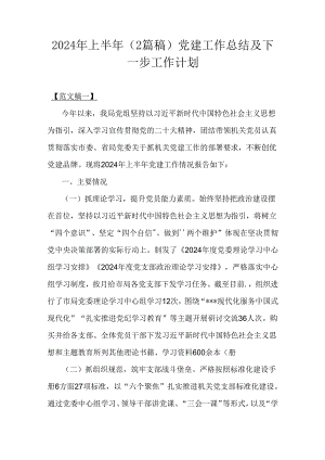 2024年上半年（2篇稿）党建工作总结及下一步工作计划.docx