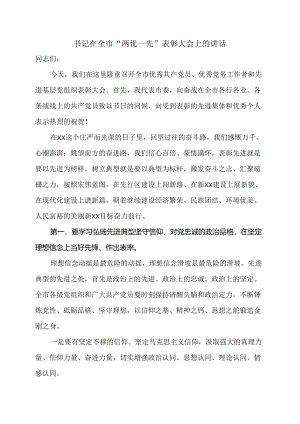 书记在全市“两优一先”表彰大会上的讲话.docx