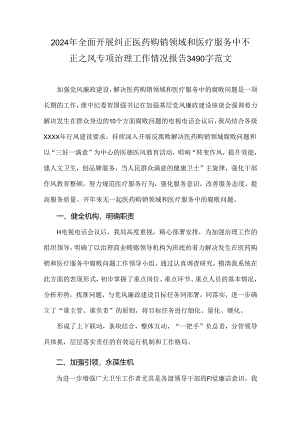 2024年全面开展纠正医药购销领域和医疗服务中不正之风专项治理工作情况报告3490字范文.docx