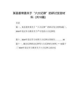 （16篇）某县委常委关于“六大纪律”的研讨发言材料范文.docx