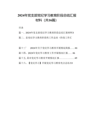 （16篇）2024年党支部党纪学习教育阶段总结汇报材料（最新版）.docx
