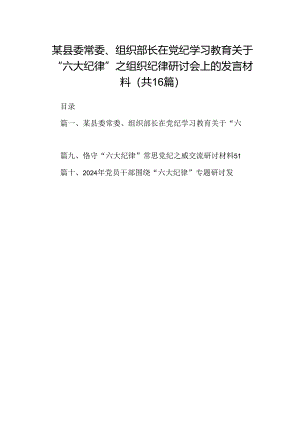 （16篇）某县委常委、组织部长在党纪学习教育关于“六大纪律”之组织纪律研讨会上的发言材料范文.docx