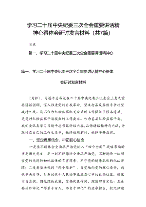 学习二十届中央纪委三次全会重要讲话精神心得体会研讨发言材料7篇供参考.docx