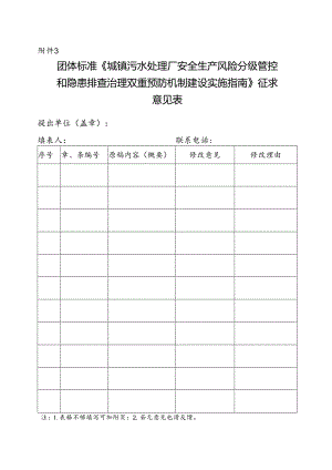 3.团体标准《城镇污水处理厂安全生产风险分级管控和隐患排查治理双重预防机制建设实施指南》征求意见表.docx