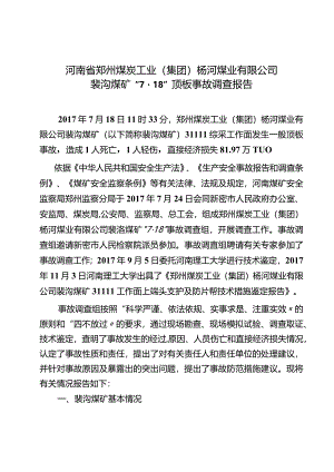 河南省郑州煤炭工业（集团）杨河煤业有限公司裴沟煤矿“7·18”顶板事故调查报告.docx