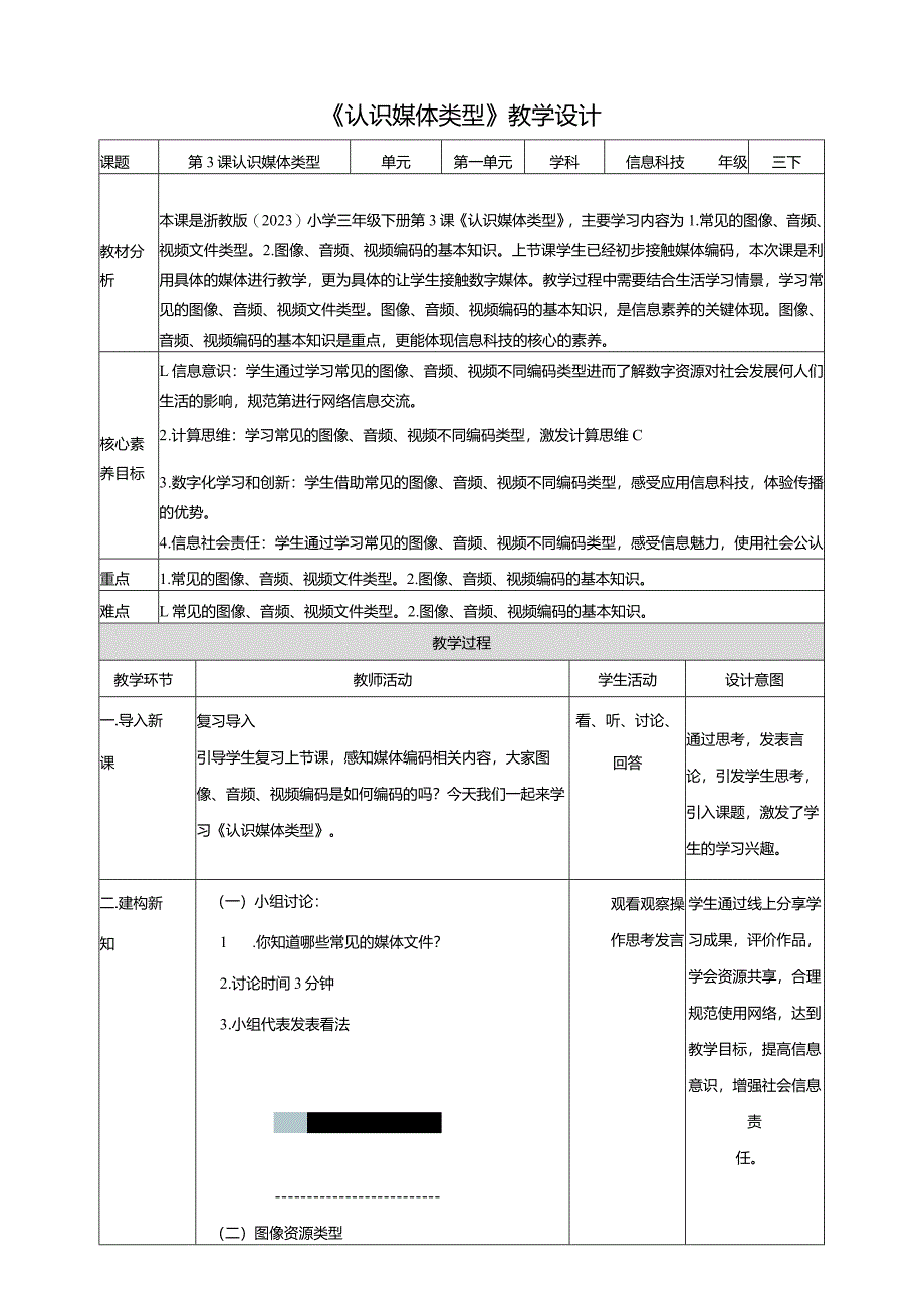 浙教版信息科技三下第3课认识媒体类型教学设计(表格式).docx_第1页