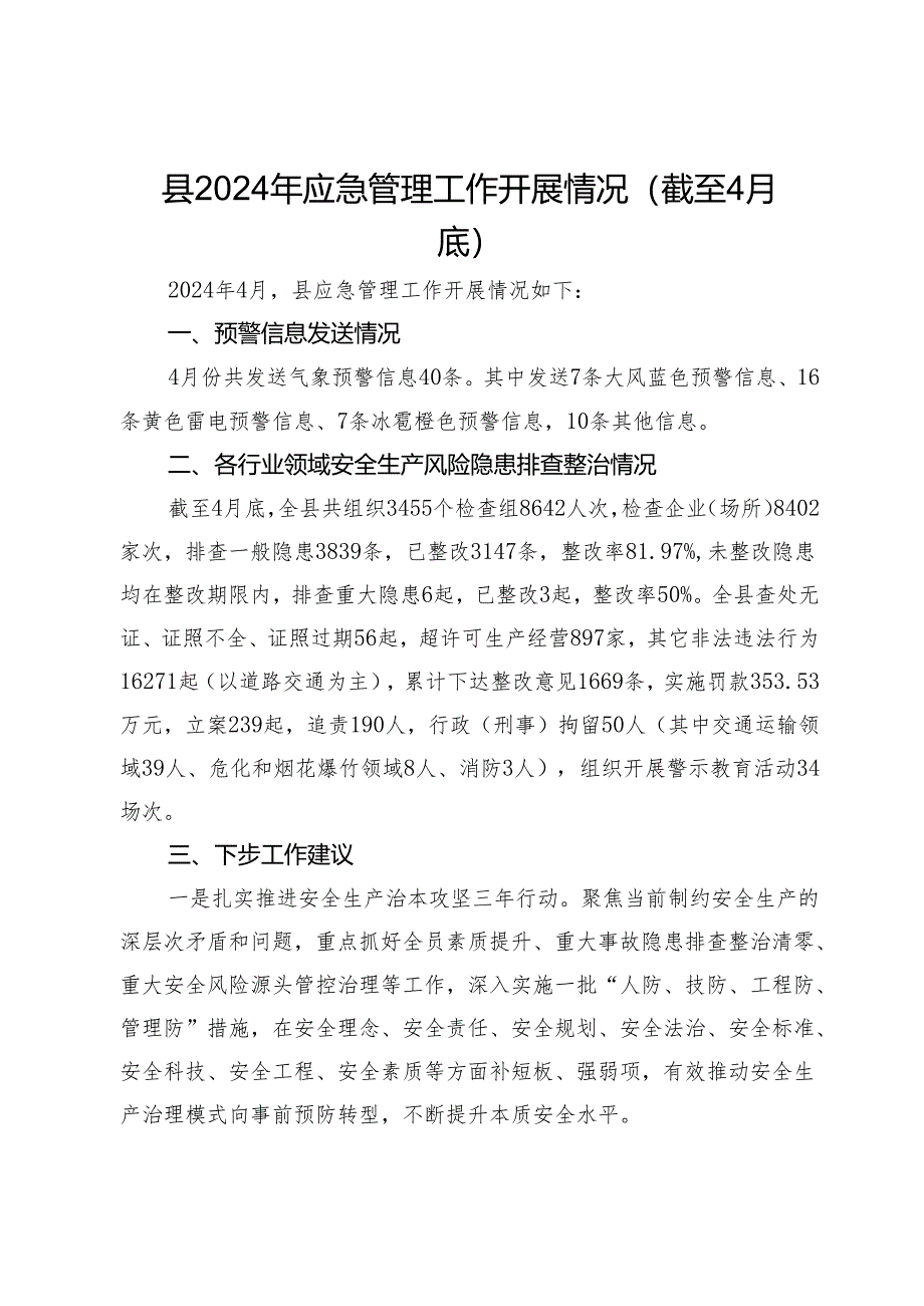 县2024年应急管理工作开展情况(截至4月底).docx_第1页